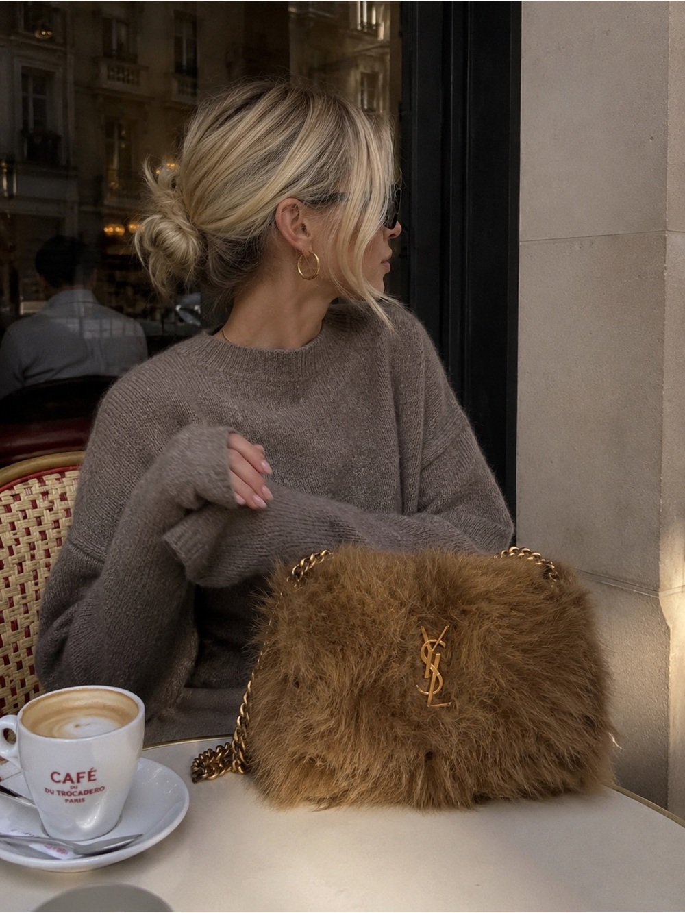 Saint Laurent Brown Faux-Fur Shoulder Bag with Gold Chain